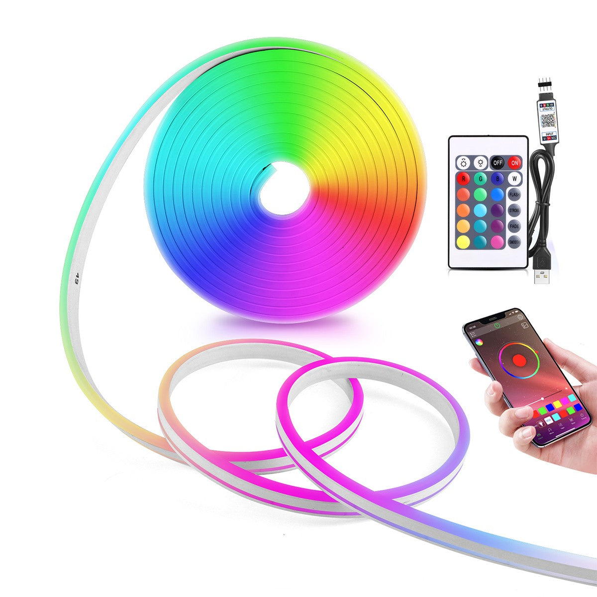 5v usb rgb neon led strip 1m 2m 3m 4m 5m rgb fita de néon com bluetooth app e co